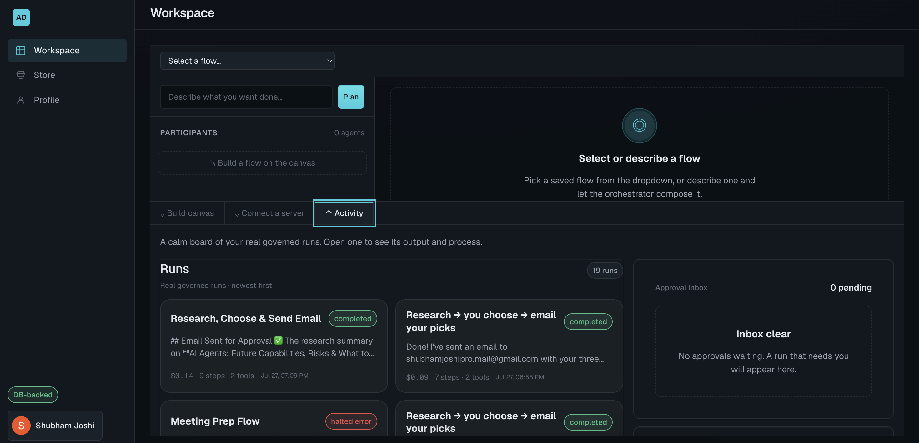 AgentDock workspace showing AI agent runs